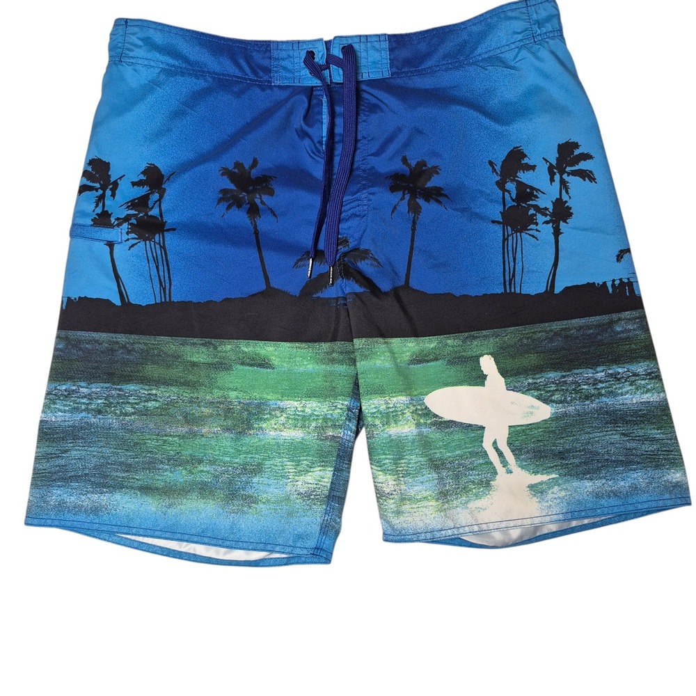 Joe Boxer Swim Trunks Mens Large‎ Blue Surf Beach Palm Tree Board Shorts
